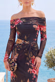 Black Red Flower Sheath Ruched Long Sleeves Formal Dress with Slit