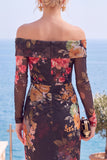 Black Red Flower Sheath Ruched Long Sleeves Formal Dress with Slit