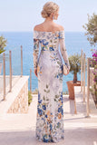 Black Red Flower Sheath Ruched Long Sleeves Formal Dress with Slit