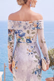 Black Red Flower Sheath Ruched Long Sleeves Formal Dress with Slit