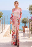 Black Red Flower Sheath Ruched Long Sleeves Formal Dress with Slit