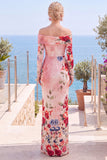 Black Red Flower Sheath Ruched Long Sleeves Formal Dress with Slit