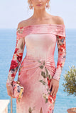 Black Red Flower Sheath Ruched Long Sleeves Formal Dress with Slit
