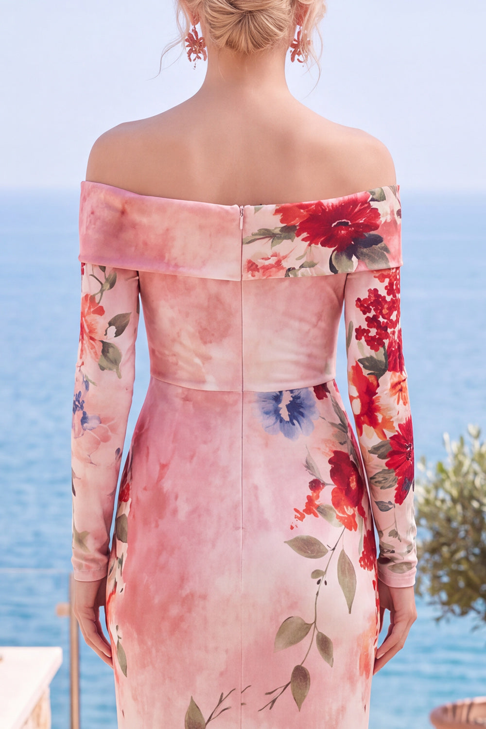 Black Red Flower Sheath Ruched Long Sleeves Formal Dress with Slit