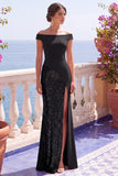 Sparkly Black Sheath Off the Shoulder Sequins Long Formal Dress with Slit