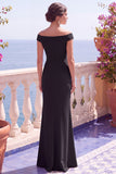 Sparkly Black Sheath Off the Shoulder Sequins Long Formal Dress with Slit