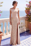 Sparkly Black Sheath Off the Shoulder Sequins Long Formal Dress with Slit