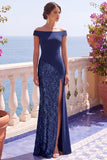Sparkly Black Sheath Off the Shoulder Sequins Long Formal Dress with Slit