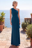Peacock Blue Sheath One Shoulder Ruched Long Formal Dress
