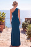 Peacock Blue Sheath One Shoulder Ruched Long Formal Dress