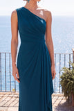 Peacock Blue Sheath One Shoulder Ruched Long Formal Dress