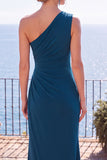 Peacock Blue Sheath One Shoulder Ruched Long Formal Dress