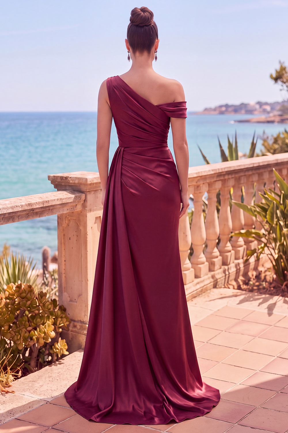Burgundy Satin One Shoulder Ruched Long Formal Dress with Slit