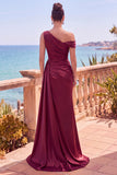 Burgundy Satin One Shoulder Ruched Long Formal Dress with Slit