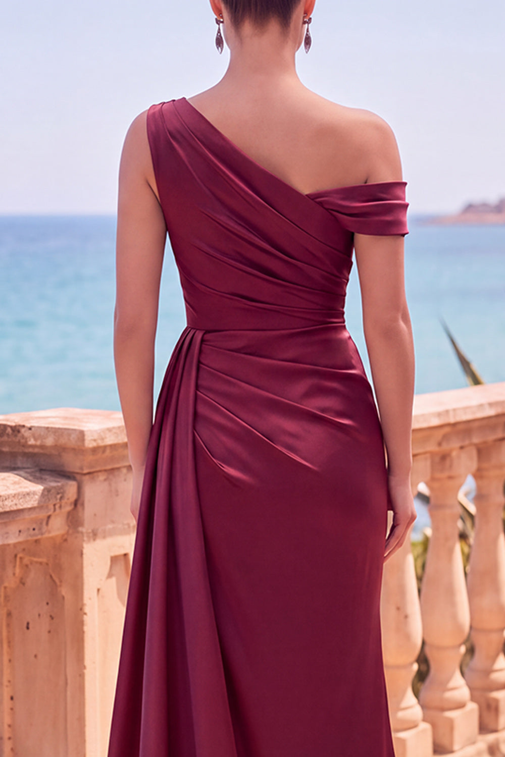 Burgundy Satin One Shoulder Ruched Long Formal Dress with Slit