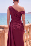 Burgundy Satin One Shoulder Ruched Long Formal Dress with Slit