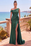 Burgundy Satin One Shoulder Ruched Long Formal Dress with Slit