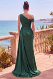 Burgundy Satin One Shoulder Ruched Long Formal Dress with Slit