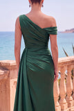 Burgundy Satin One Shoulder Ruched Long Formal Dress with Slit