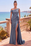 Burgundy Satin One Shoulder Ruched Long Formal Dress with Slit