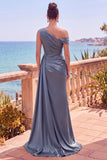 Burgundy Satin One Shoulder Ruched Long Formal Dress with Slit