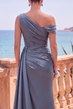 Burgundy Satin One Shoulder Ruched Long Formal Dress with Slit