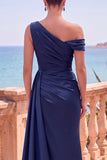 Burgundy Satin One Shoulder Ruched Long Formal Dress with Slit