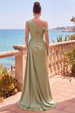 Burgundy Satin One Shoulder Ruched Long Formal Dress with Slit