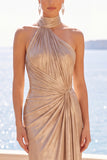 Champagne Metallic Sheath Halter Ruched Long Formal Dress