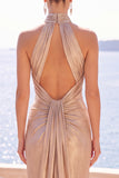 Champagne Metallic Sheath Halter Ruched Long Formal Dress