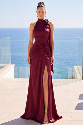 Burgundy Satin Sheath High Neck Ruched Long Formal Dress with Slit
