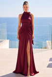 Burgundy Satin Sheath High Neck Ruched Long Formal Dress with Slit