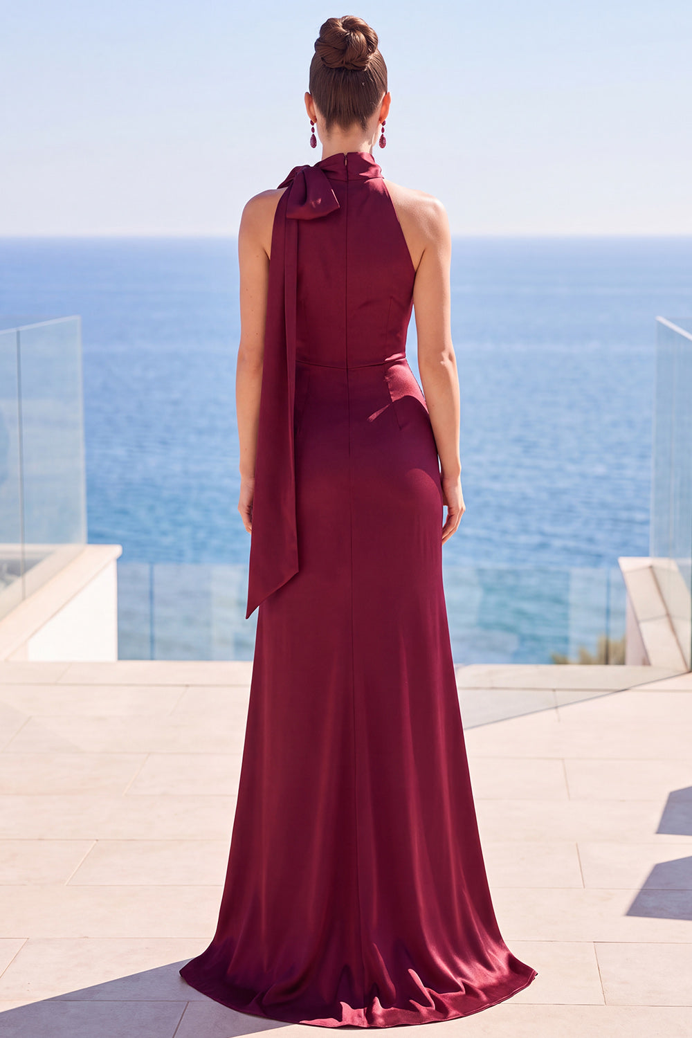 Burgundy Satin Sheath High Neck Ruched Long Formal Dress with Slit