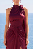 Burgundy Satin Sheath High Neck Ruched Long Formal Dress with Slit