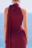 Burgundy Satin Sheath High Neck Ruched Long Formal Dress with Slit