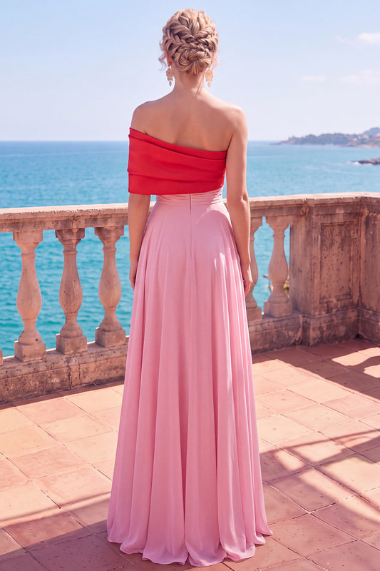 Pink Chiffon A Line One Shoulder Long Formal Dress