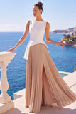 White Champagne Chiffon Bateau Neck Pleated Long Formal Dress with Slit