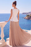 White Champagne Chiffon Bateau Neck Pleated Long Formal Dress with Slit