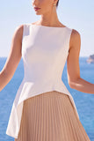 White Champagne Chiffon Bateau Neck Pleated Long Formal Dress with Slit