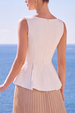 White Champagne Chiffon Bateau Neck Pleated Long Formal Dress with Slit