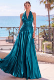 Blue Metallic A-Line Halter Ruched Long Formal Dress