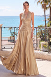 Blue Metallic A-Line Halter Ruched Long Formal Dress