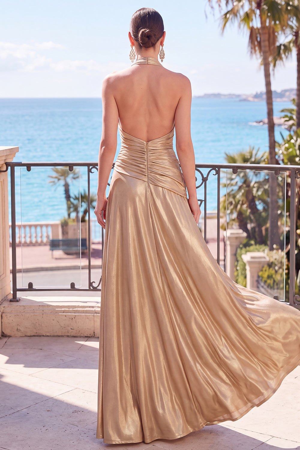 Blue Metallic A-Line Halter Ruched Long Formal Dress