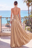 Blue Metallic A-Line Halter Ruched Long Formal Dress