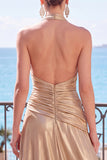 Blue Metallic A-Line Halter Ruched Long Formal Dress