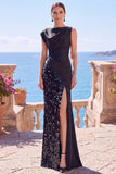 Sparkly Black Sequin Sheath Bateau Neck Long Formal Dress with Slit