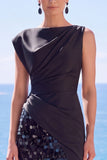 Sparkly Black Sequin Sheath Bateau Neck Long Formal Dress with Slit