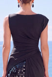 Sparkly Black Sequin Sheath Bateau Neck Long Formal Dress with Slit