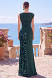 Sparkly Black Sequin Sheath Bateau Neck Long Formal Dress with Slit