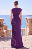 Sparkly Black Sequin Sheath Bateau Neck Long Formal Dress with Slit